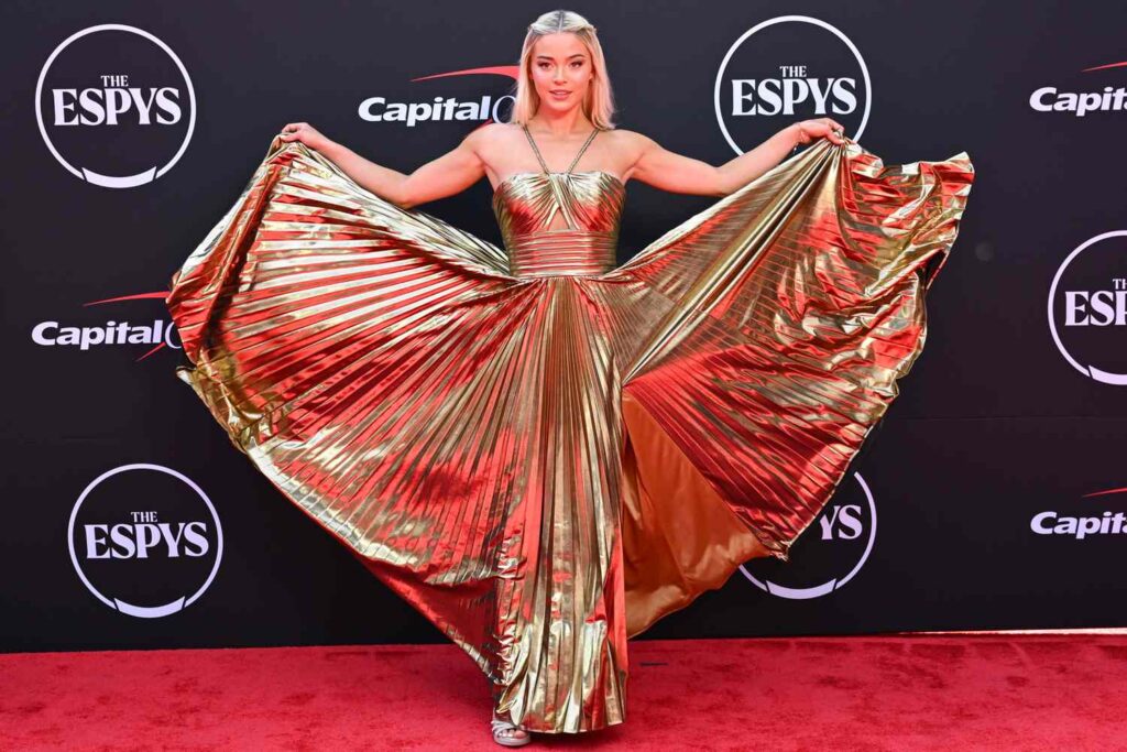 LSU Gymnast Olivia Dunne Goes for Gold in Metallic Pleated Gown at 2024 ESPYS